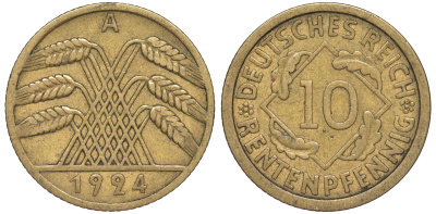 Германия 10 рентенпфеннигов 1924 A KM 33, J. 309 алюминиевая бронза 4604-634