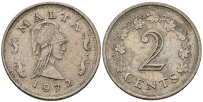 Мальта 2 цента 1972 Пентесилея, царица амазонок KM 9 медь цинк 4154-647