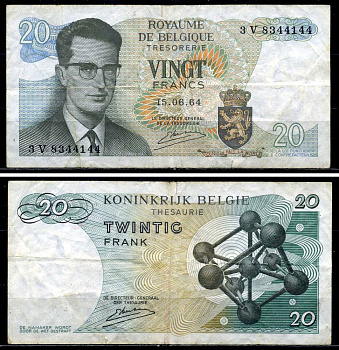 Бельгия 20 франков 1964 Бодуэн I, атомиум, Kestens Pick 138 (3) бумага 6299-25-1-1