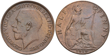 Великобритания 1/2 пенни 1919 Георг V (1910-1936) KM 809, Spink 4056 бронза 4126-743