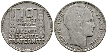 Франция 10 франков 1933 Пьер Тюрен KM 878, Le Franc 360.6 серебро 61-116