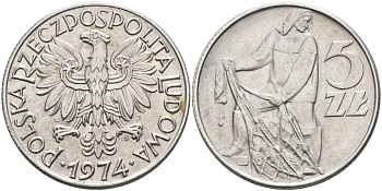 Польша 5 злотых 1974 MW, рыбак KM 47, Parchimowicz 220f алюминий 4565-213