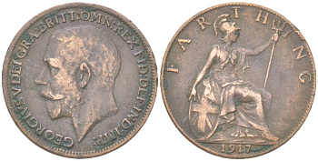 Великобритания 1 фартинг 1917 Георг V (1910-1936) KM 808.1, Spink 4059 бронза 4613-452