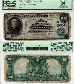 США, National Bank Note 100 долларов 1902 Национальный Банк Винтерс, Дейтон, Огайо. В слабе компании PCGS Currency. Сохранность - «20 Apparent». Fr. 706  бумага   10-2-4