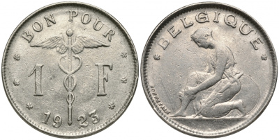 Бельгия 1 франк 1923 Belgique, Альберт I (1909-1934) KM 89 никель 51-1932