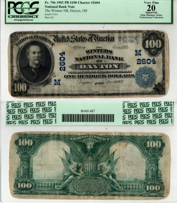 США, National Bank Note 100 долларов 1902 Национальный Банк Винтерс, Дейтон, Огайо. В слабе компании PCGS Currency. Сохранность - «20 Apparent». Fr. 706  бумага   10-2-4