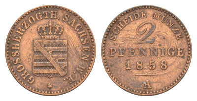 Саксен-Веймар-Эйзенах 2 пфеннига 1858 A, Карл Александр (1853-1901) KM 206 медь 4643-1051