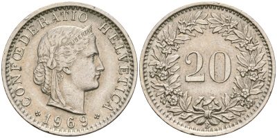 Швейцария 20 раппенов 1969 KM 29а медно-никель 4364-3242