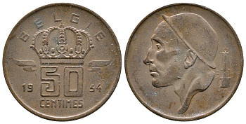 БЕЛЬГИЯ 50 САНТИМОВ 1954 BELGIE KM 145 бронза 4383-1145