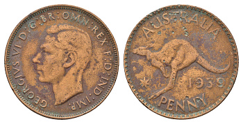 Австралия 1 пенни 1939 Георг VI (1936-1952), кенгуру KM 36 бронза 4672-231