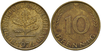 ФРГ 10 пфеннигов 1974 J J. 383, KM 108 сталь плакированная латунью    4603-423