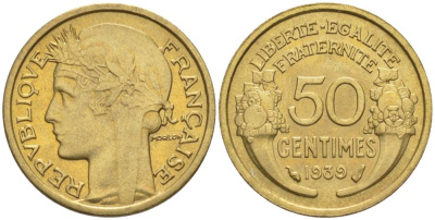 ФРАНЦИЯ 50 САНТИМОВ 1939 ТИП MORLON KM 894.1, LE FRANC 192.15 алюминиевая бронза 44-913