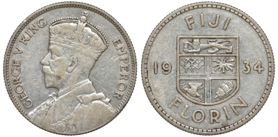 Фиджи 1 флорин 1934 Георг V (1910-1936), герб Фиджи KM 5 серебро 91-1235