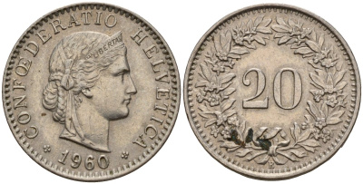 Швейцария 20 раппенов 1960 B KM 29a медно-никель 4187-547