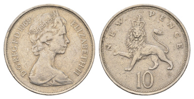 Великобритания 10 пенсов 1969 Елизавета II (1952-2022) KM 912, Spink 4231 (F1) медно-никель 4692-733