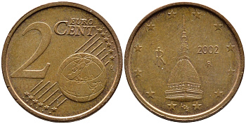 Италия 2 евроцента 2002 KM 211 сталь плакированная медью 4609-621