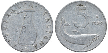 Италия 5 лир 1954 R, дельфин KM 92 алюминий 4164-416