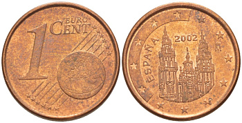 ИСПАНИЯ 1 ЕВРОЦЕНТ 2002 KM 1040 сталь плакированная медью 112-753