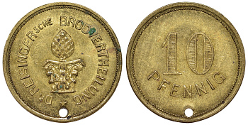 Германия, Аугсбург? 10 пфеннигов ND д-р Разингер, выдача хлеба латунь 4121-513