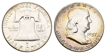 США 1/2 доллара (50 центов) 1957 Бенджамин Франклин, колокол KM 199 серебро aUNC 1530-1322