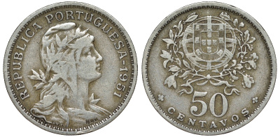 Португалия 50 сентаво 1951 KM 577 медно-никель 51-3342