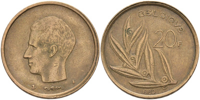 Бельгия 20 франков 1980 Belgique, Бодуэн I (1951-1993) KM 159 никель бронза 4126-216