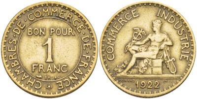 ФРАНЦИЯ 1 ФРАНК 1922 CHAMBRES DE COMMERCE KM 876, LE FRANC 218.4 алюминиевая бронза 4551-632
