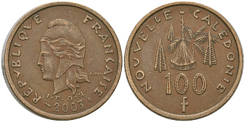 Французская Новая Каледония 100 франков 2003 хижина среди сосен и пальм, (IEOM) KM 15, Schoen 16, Lec 139g никель латунь 4149-333