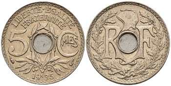 Франция 5 сантимов 1935 KM 875 медно-никель 4596-634