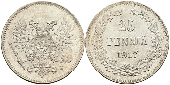 Россия для Финляндии 25 пенни 1917 S, временное правительство, без короны KM 19, Биткин 2 серебро aUNC 4580-1226