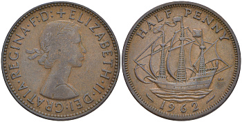 Великобритания 1/2 пенни 1962 Елизавета II (1952-2022) KM 896, Spink 4158 бронза 4561-533