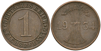 Германия 1 рейхспфенниг 1934 A KM 37, J. 313 бронза 4189-1245