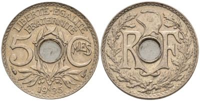 Франция 5 сантимов 1935 KM 875 медно-никель 4596-634