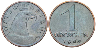 АВСТРИЯ 1 ГРОШ 1925 ДОВОЕННАЯ ДЕСЯТИЧНАЯ ЧЕКАНКА KM 2836 бронза 201-149