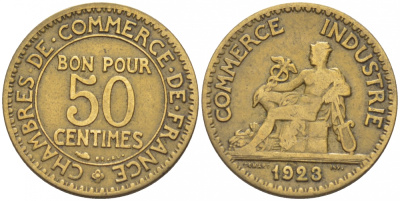 ФРАНЦИЯ 50 САНТИМОВ 1923 CHAMBRES DE COMMERCE KM 834, LE FRANC 191.6 алюминиевая бронза 3309-1069
