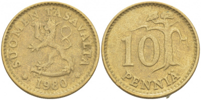 ФИНЛЯНДИЯ 10 ПЕННИ 1980 K KM 46 алюминиевая бронза 3718-134