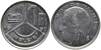 БЕЛЬГИЯ 1 ФРАНК 1990 BELGIE KM 171 сталь плакированная никелем 99-1241