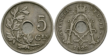 Бельгия 5 сантимов 1922 Belgie KM 67 медно-никель 4173-242