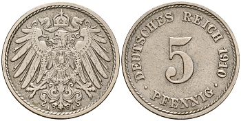 Германия 5 пфеннигов 1910 A J.12, KM 11 медно-никель    4598-1141