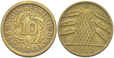 ГЕРМАНИЯ 10 РЕЙХСПФЕННИГОВ 1925 F KM 40, J. 317, Weege 9 алюминиевая бронза 210-347