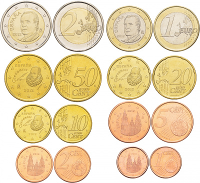 Испания евронабор из 8 монет 2012 1, 2, 5, 10, 20, 50 евроцентов, 1 и 2 евро KM 1040, 1041, 1042, 1070, 1071, 1072, 1073, 1074 4685-331-337