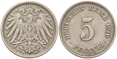 Германия 5 пфеннигов 1910 A J.12, KM 11 медно-никель    4598-1141
