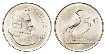 ЮАР 5 центов 1965 Ян ван Рибек (1619-1677), Suid Africa, легенда на африкаанс, райский журавль KM 67.2 медно-никель UNC 4696-951