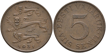 Эстония 5 центов 1931 Республика (1918-1941) KM 11 бронза 4586-1041