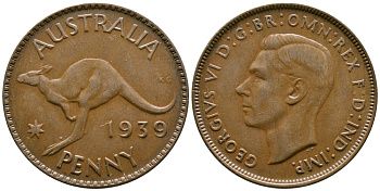 Австралия 1 пенни 1939 Георг VI (1936-1952), кенгуру KM 36 бронза    4557-912