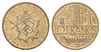 Франция 10 франков 1980 KM 940 медь алюминий никель UNC 3856-521