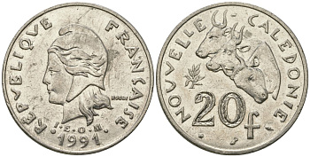 Французская Новая Каледония 20 франков 1991 три быка, (IEOM) KM 12, Schoen 14, Lec 114 никель 80-144