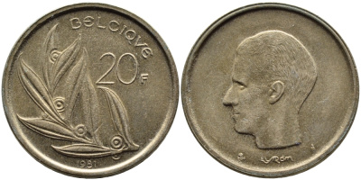 Бельгия 20 франков 1981 Belgique, Бодуэн I (1951-1993) KM 159 никель бронза 63-1112