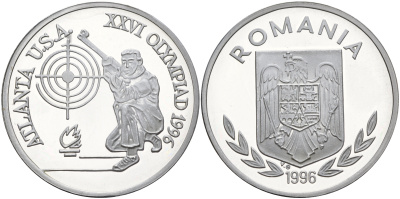 Румыния 100 леев 1996 XXVI Олимпийские игры 1996 года в Атланте, 100 лет Олимпийскому движению, стрельба, пробный выпуск  алюминий  PROOF  11-236-11