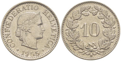 ШВЕЙЦАРИЯ 10 РАППЕНОВ 1955 В KM 27 медно-никель 39-467